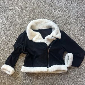 Black Faux-Shearling Jacket with Cream Trim